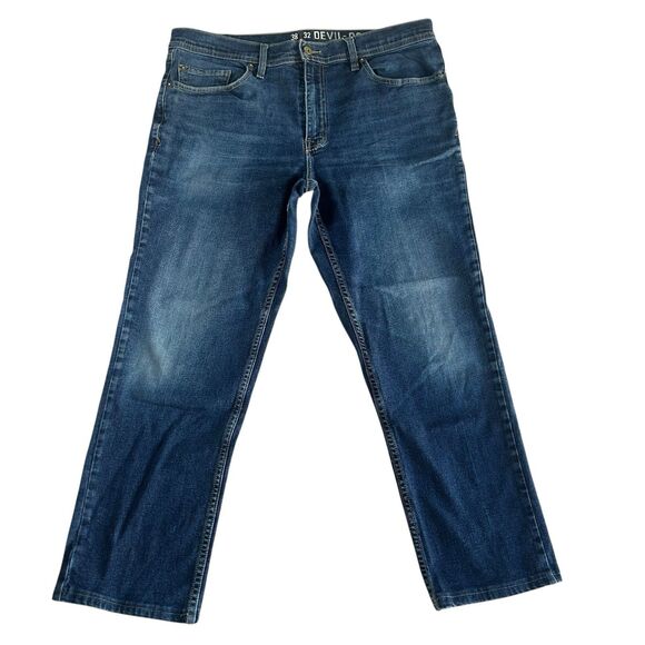 Devil Dog Mens 38x32 Blue Denim Jeans Slim Straight Stretch Grunge Y2K Hip Hop - Picture 2 of 11